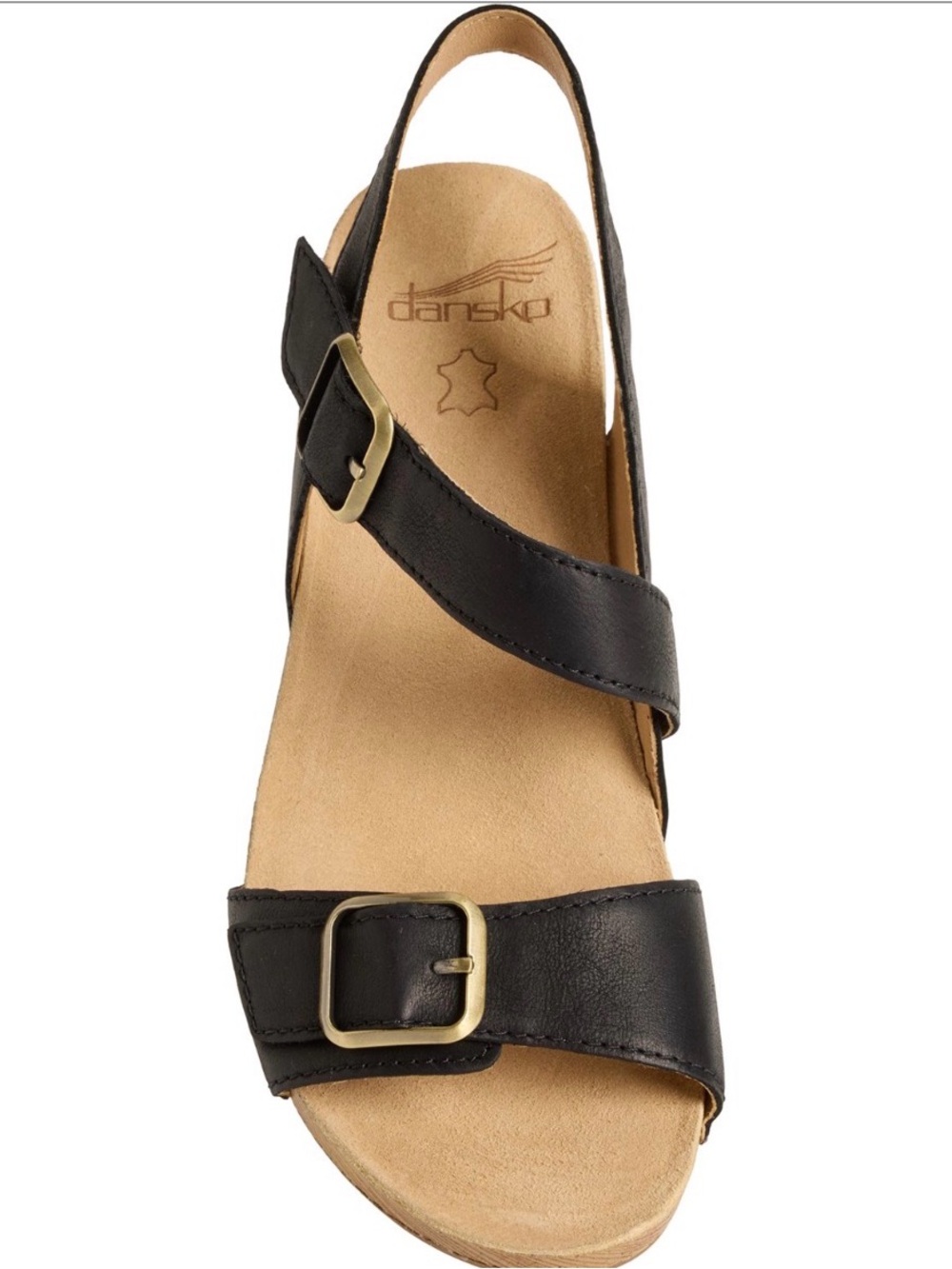 Dansko Black Leather Buckle Wedge Sandals with Cork-Look Heel
